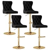 GOOLON Velvet Tufted Barstools Set of 4, Swivel Counter Chairs with Diamond Lattice Back, Height Adjustable Seat with Rivet Trim Metal Pull, Elegant Design, Black