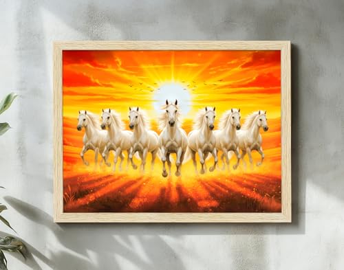 Image of ArtX Canvas 7 Horses Painting Vastu Frame Wall Art Painting, White Running Horses With Rising Sun, Wall Decor, Multicolor, Nature, 61.0 X 48.0 cm, Framed, Set of 1