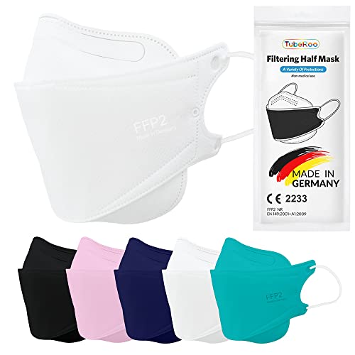 TubeRoo FFP2 Maske weiß Fischform, 5 Stück Masken, Made in Germany, CE zertifiziert aus Deutschland, weiche Ohrschlaufen Bänder, Atemschutzmaske Cover