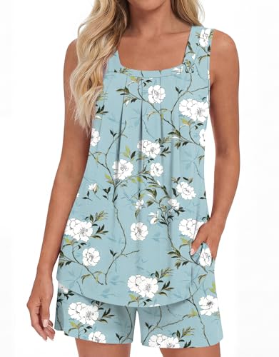 Image of LONGYUAN Womens Sleeveless Pajama Set Soft Summer Lounge Shorts Tank Top Sleepwear with Pockets 2 Piece Set M-3XL