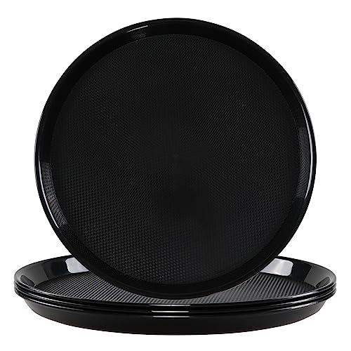 Minekkyes 4 Pcs Restaurant Serving Trays with Non-Slip Surface, Plastic Round Food Tray for Home, Cafeteria, Hotel, 13.6-Inch, Black