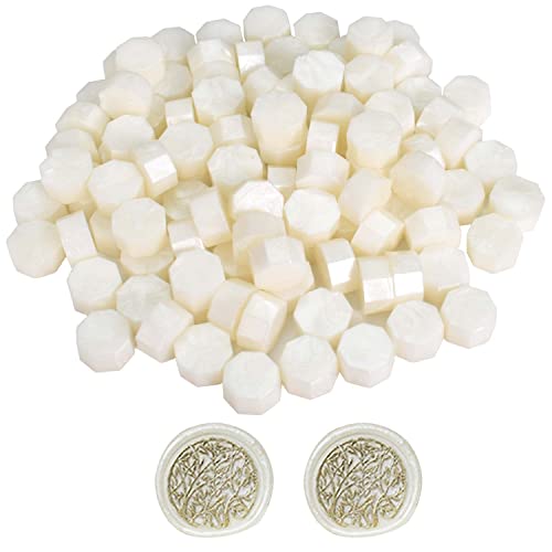 100 Piezas Cuentas de Sello de Cera, Cera para Sellos de Lacre, Blanco Perlado Perlas de Cera para Lacrar Octogonales, para Sellos de Cera, Cartas, Sobres, Tarjetas, Manualidades