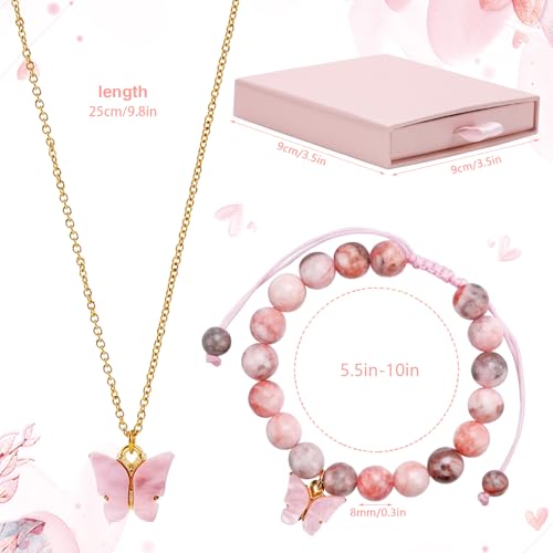 CHUNG Girls Natural Stone Beaded Bracelet Pink Butterfly Necklace 6-12 Years Old Birthday Gifts Christmas for Daughter Granddaughter Niece2