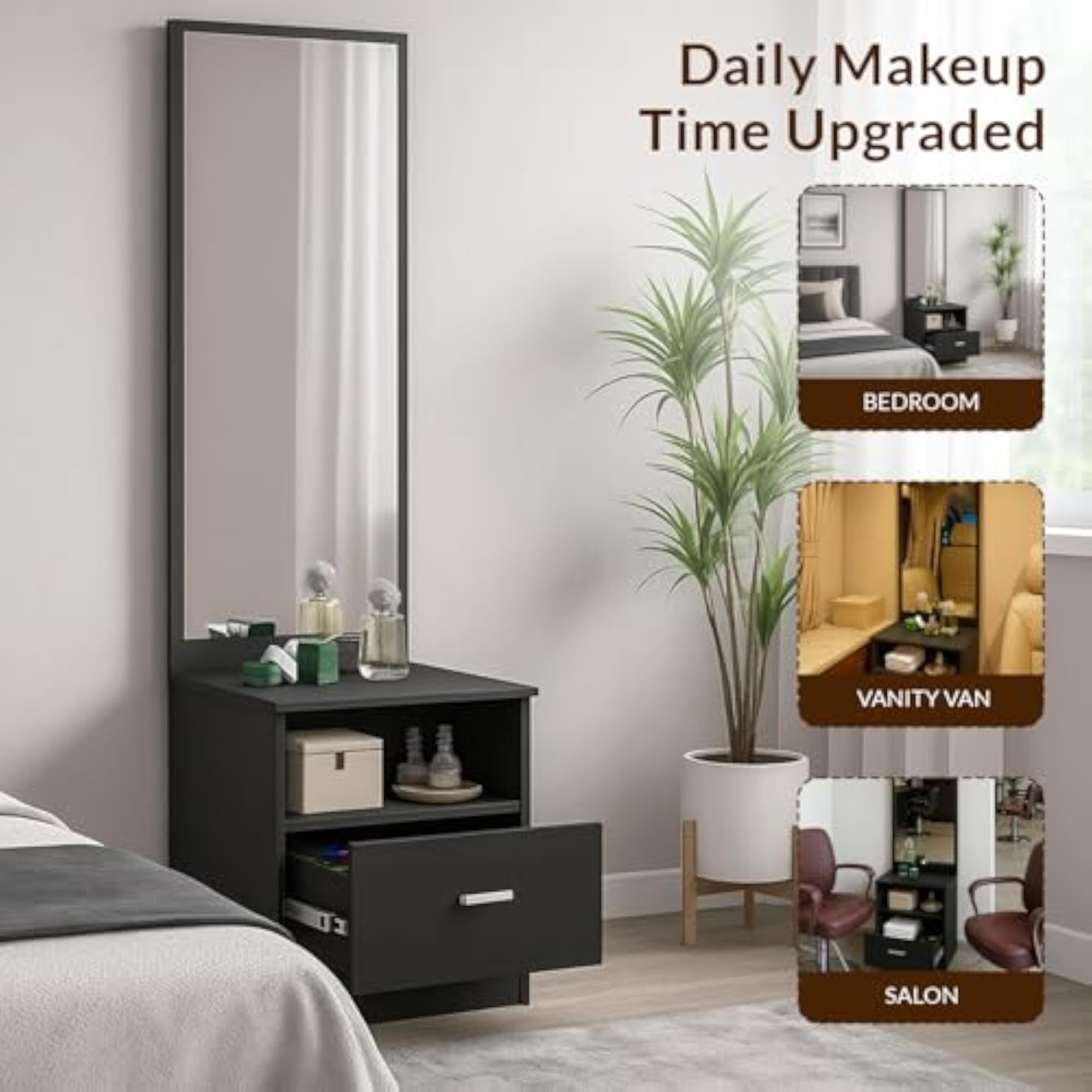 Wooden Dressing Table with Mirror, Classic Black