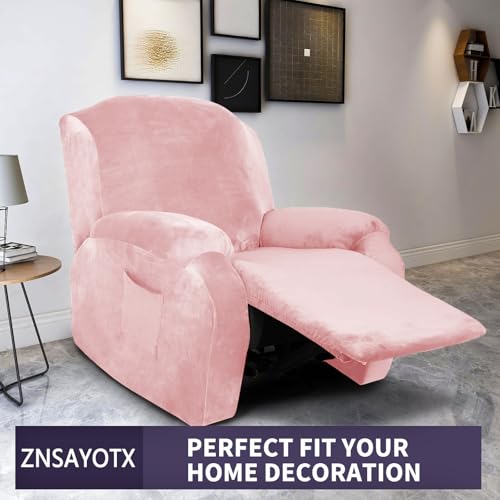 Image of ZNSAYOTX Stretch Velvet Recliner Cover 4-Pieces, Thick Soft Recliner Chair Slipcover with Pocket, Non-Slip Elastic Bottom for Kids Pets, Luxury Plush Reclining Protector Comfy Washable (Rose)