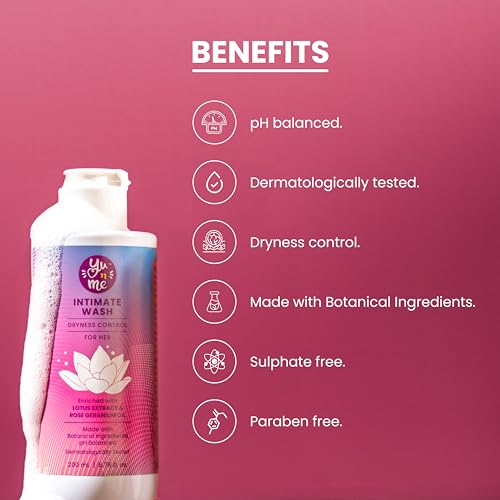 Image of Yu n Me Dryness Control Intimate Wash for Women | 200ml Feminine Hygiene Cleanser | Lotus & Rose Geranium Extracts | pH Balanced Vaginal Dryness Relief | Dermatologically Tested | Paraben & Sulfate Free | PO1