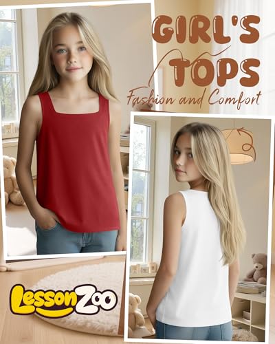 Image of 3 Pack Girls Square Neck Tank Tops | Basic, Sleeveless T-Shirts, Casual Summer Tanks, Kids Undershirts, School, Size 5-14 Years, Comfy, Elasticity