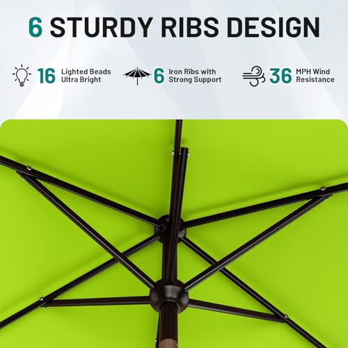 Image of AreShark 6.5' x 10' Rectangular Patio Umbrella with Solar Lights, Solar Powered Lighted Market Umbrella w /Tilt and Crank, Outdoor Table Umbrella for Garden, Deck, Backyard, Pool, Apple Green