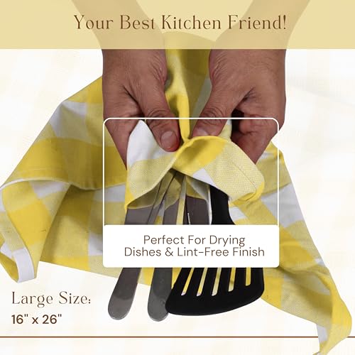 Image of Buffalo Check Kitchen Towels, 16x26 Inches, 4 Pack Plaid Tea Towels, Reusable Cotton Dish Cloths, Quick Drying, Absorbent Towel for Cooking, Drying Dishes, Lemon Yellow and White