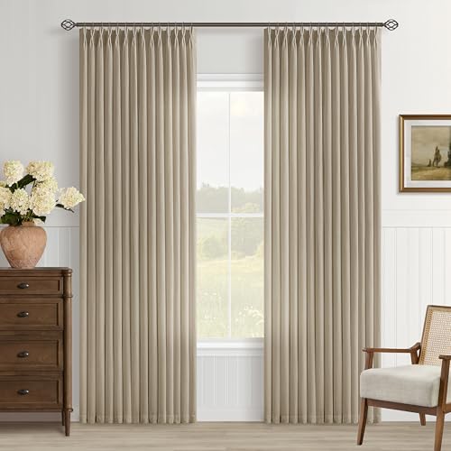 Image of Light Brown Pinch Pleated Semi Sheer Linen Farmhouse Curtains 84 Inch Long