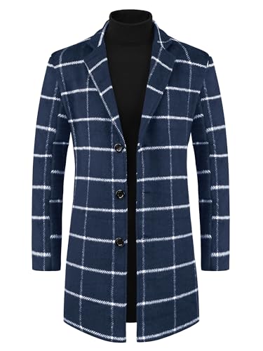 Image of Lars Amadeus Navy Blue Plaid Coat for Men's Color Block Single Breasted Winter Checked Overcoat Medium