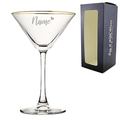 Personalised Engraved Gold Rim Martini Cocktail Glass with Name with Heart Design, Personalise with Any Name for Any Occasion, Gift Box Included, Laser Engraved