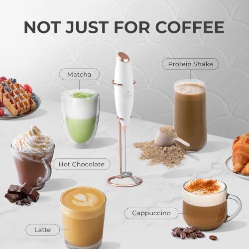 Image of Zulay Kitchen Powerful Milk Frother Wand With Duracell Batteries - Ultra Fast Handheld Drink Mixer - Electric Whisk Foam Maker for Coffee, Lattes, Cappuccino & Matcha - Z1 Motor - White & Rose Gold