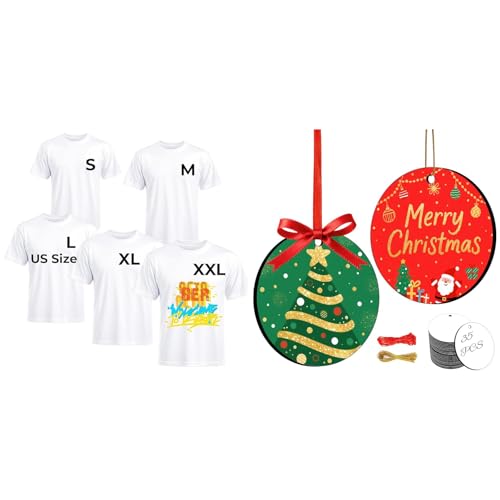 Joyclub Bundle of 5 Pack White Sublimation T Shirts and 35 Pcs 3'' MDF Sublimation Christmas Ornaments