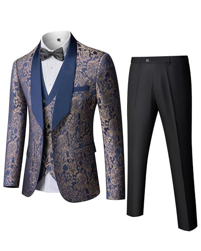 Hihawk Mens 3 Piece Floral Tuxedo, Jacquard Slim Suit Set, Paisley Blazer Vest and Pants with Bow Tie for Prom Wedding
