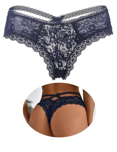 Image of ohyeahlady French Knickers Pink Thongs for Women Back Hollow Out Cheeky Sexy Panties Plus Size Underwear High Waisted Lace Thongs Brazilian Knickers Bikini Briefs 1 Pack Blue Size 16 18