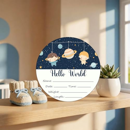 Image of Birth Announcement Sign Hello World Baby Name Wood Space Theme | Round Wood Plaque with Stars & Space Design, Custom Name Date Weight Length Great for Nursery Wall Baby Shower Gifts