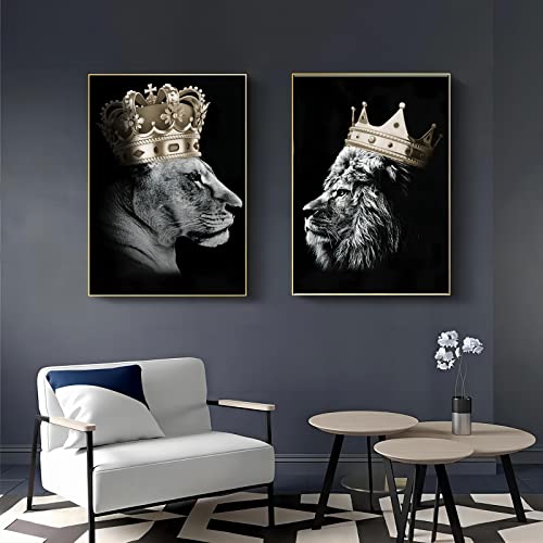 Poster lion et lionne couronne déco chambre - Affiche animal noir et doré art mural 40x60