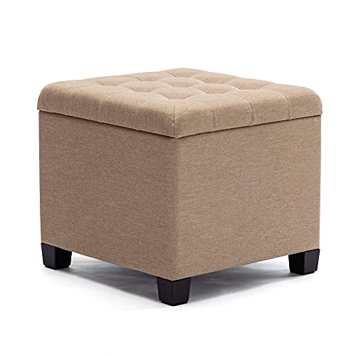 HNNHOME Sitzhocker mit Stauraum, Sitzwürfel mit Deckel, Sitztruhe, Fußbank Truhen Aufbewahrungsbox, Leinen, 44 L, 45 x 45 x 41 cm, Beige