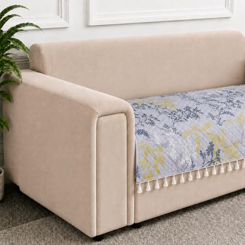 Image of STITCHNEST 'Frostvine Collection' 2 Seater Sofa Cover| Cotton Quilted Fabric, Decorative Tassels, Washable & Durable for Modern Living