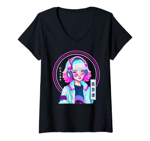 Womens Japanese Vaporwave Gamer Girl Synthwave Aesthetic V-Neck T-Shirt