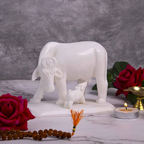 Image of HANDICRAFT BAZAAR Marble Cow and Calf | Gaay and Bachda for Home Vastu (3 Inches), White