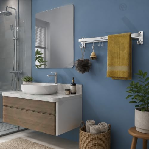Image of GRIVAN Stainless Steel Towel Rod for Bathroom with Hooks | Foldable Towel Holder Stand with Drill Mount (2, Silver, 24 INCH)