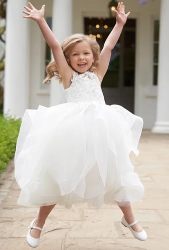 Flower Girl Dress with Waterfall Skirt&Lace Appliques First Communion Dress Girls Pageant Party Ball Gowns T0334