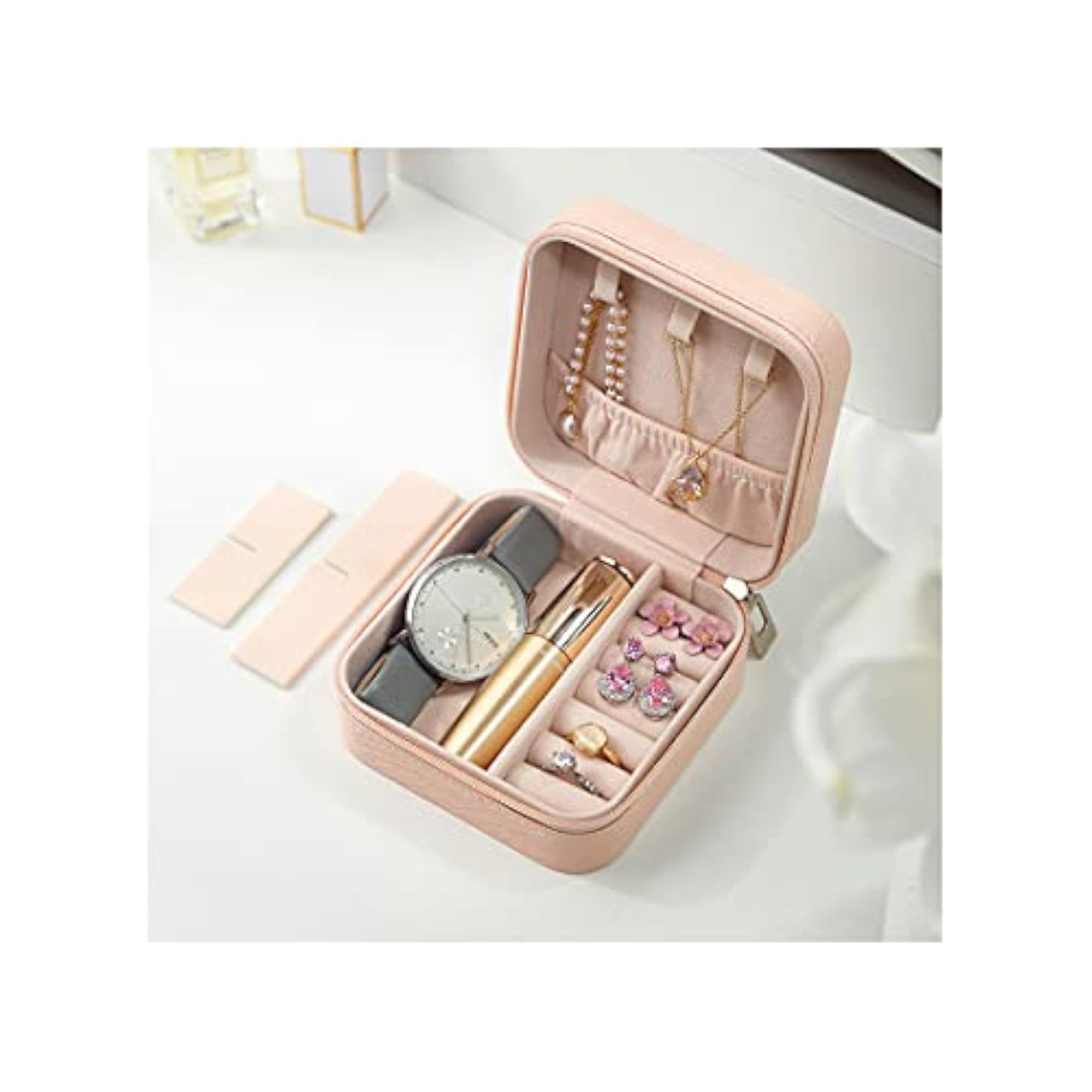 Mini Pink Jewelry Travel Case, PU Leather Organizer Box