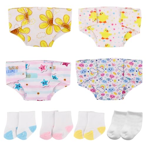 Xerteam 8 Pcs Baby Doll Accessories Set 4 Doll Nappies & 4 Socks for 14-18 Inch Doll Reusable Baby Doll Nappies 35-45cm Doll Accessories for Girls Boys Birthday