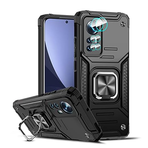 LeYi Coque pour Xiaomi 12/Xiaomi 12X avec Anneau Support + 2 x Caméra Protectors, [Béquille 360° Rotatif] Militaire Renforcée Rigide PC et TPU Silicone Protection Antichoc Etui Housse Noir