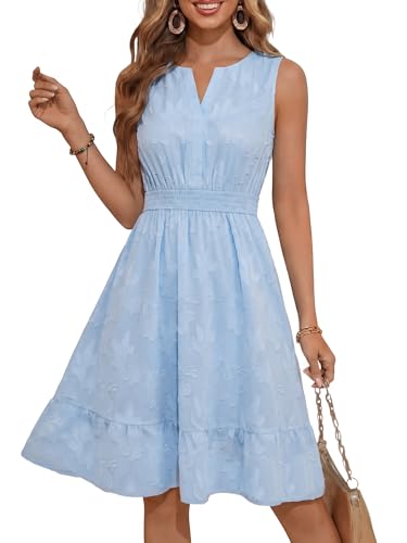 FENSACE Petite Dresses for Women 5 Ft Womens Summer Dress V Neck Knee Length Sleeveless Dress A Line Cinched Waist Teens Beach Sun Dresses Baby Shower Dress(Blue-2,Small)