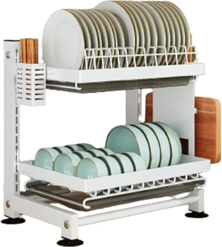 食器ラック キッチン収納ラック 水切りラック 水切りラック 2/3段 【フルセット】食品乾燥ラック 水切りトレー 箸 キッチン キャビネット キッチンスナップオン調節可能多機能プレート 箸収納、スプーン、取り外し可能な箸立て (2層,ホワイト)