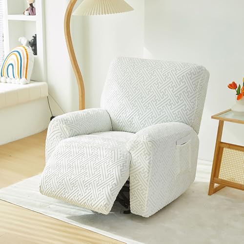 Chickwin Funda Sillon Relax Reclinable 1 Plaza, Funda Sillón Relax Reclinable con Bolsillos Laterales, Jacquard Cepillado 4 Piezas Funda Sofa Reclinable Extraíbles Lavables (Blanco)