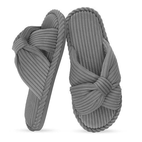 Image of IPSAE House Slippers for Woman Memory Foam Open Toe Slippers Corduroy Cross Bow Womens Slipper Slides Comfy Indoor Bedroom Slip On Shoes