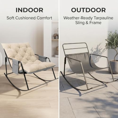 Image of Padded Rocking Lounge Chair with Thick Tufted Cushion, Sturdy Metal Frame, Modern Indoor Rocker Armchair for Living Room, Bedroom, Reading Corner, or Relaxation Space (Grey, Large)