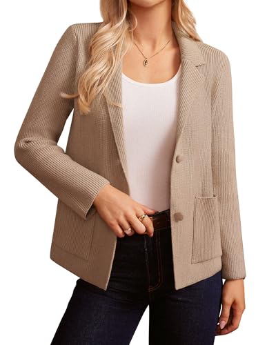 GRACE KARIN - Cárdigan de punto con manga larga para mujer, blazer de negocios con solapa de muesca y dos botones, casual para la oficina, caqui, M