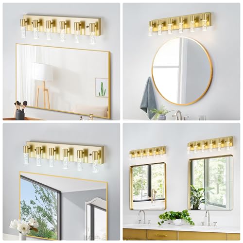 Image of Bathroom Vanity Light Fixtures Over Mirror, Brushed Golden Finish Coating, 6 Light Wall Sconces for Bathroom