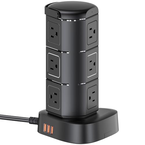 Covozon Power Strip Tower Waterproof - Surge Protector, Electric Shockproof, Overload Protection, etc. Flat Outlet Extension Cord with USB Ports, Dorm Room Home Office Essentials, FCC UL Listed