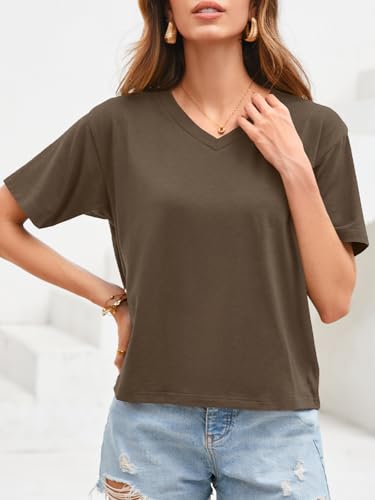 UNCLECAT Women Cropped T Shirts Casual Short Sleeve V Neck Crop Tops 2026 Summer Soft Loose Basic Tee Brown — view 5