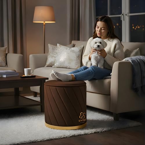 Image of Luxury Round Velvet Ottoman Stool with Gold Base - Modern Upholstered Footrest Pouffe, Tufted Vanity Seat, Living Room Bedroom Dressing Stool (Brown)
