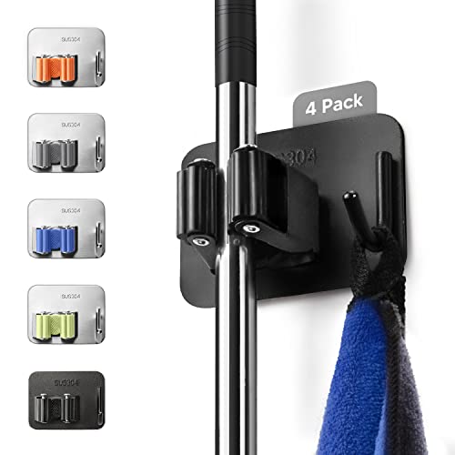 Eozakavod Besenhalterung Wand 4 Stück Gerätehalter Edelstahl Mop Halter Selbstklebend Besenhalter Moppbesenhalter Besenaufhänger mit Haken für Zuhause Küche Bad Garage Garten(Schwarz-Set) Cover