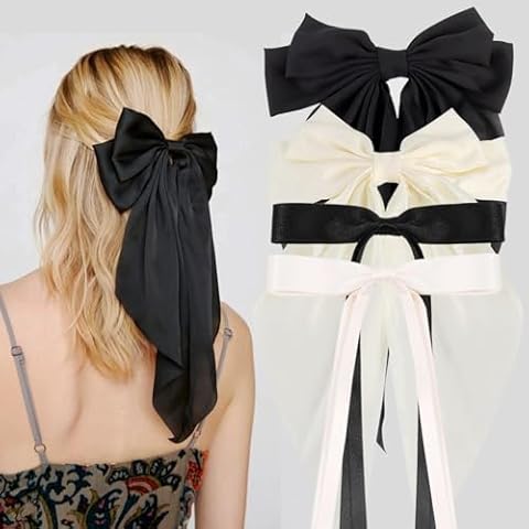 UVANKAUP 4 Pcs Hair Clips for Women Girls - Silky Satin Big Bows Clips - Black/White Bow Hair Barrettes - Tassel Hair Ribbons Bows with Oversized Long Tail - 2 Style Cover