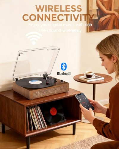 Image of Vinyl Record Player Extended Size with Bluetooth Playback, Built-in Speakers, USB Recording, LED Display, 3-Speed Turntable - Walnut