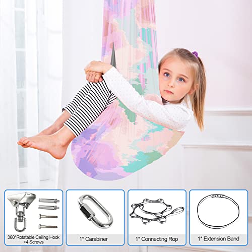 Therapy Swing Hammock Kids Cuddle Sensory Swing Indoor Therapeutic Hammock 360° Rotating Double Layer Elastic Rocking Cloth Swing Gifts for Children with ADHD SPD Asperger Autism (Rainbow+Grey) - Thumbnail 3