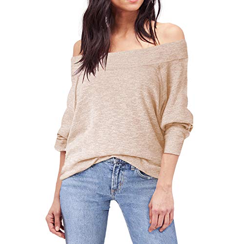 Shy Velvet Women's Off Shoulder Dolman Sleeve Baggy Pullover Sweater Slubbed Knit Jumper Beige