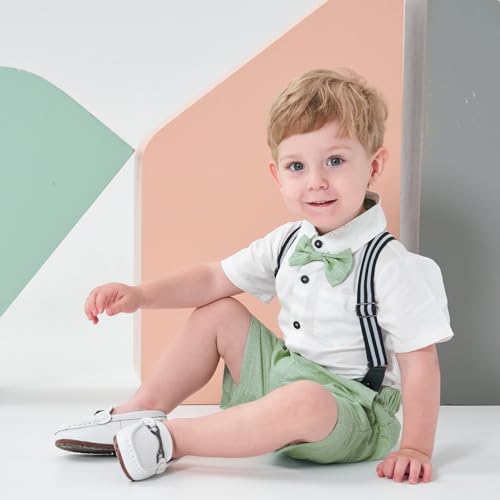 Volunboy Baby Boy Formal Short Set Toddler Summer Gentleman Outfit Kid Short Sleeve Bowtie Shirt Suspender Shorts Suit (White+Green, 3-4T) - Thumbnail 6