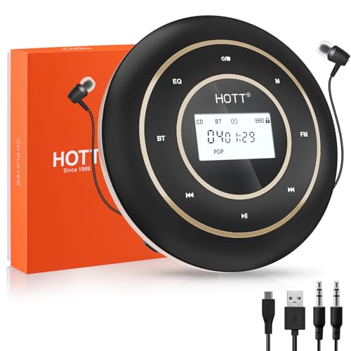 HOTT C105 Portable CD Player FM Transmitter Rechargeable Compact CD Player with Touch Buttons Backlit Display Black