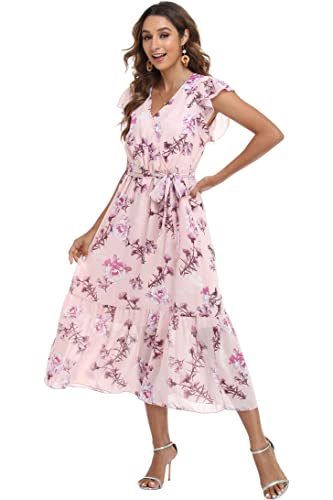 Image of VintageClothing Womens Sundress Casual Floral Summer Boho Dress | Flowy Wrap V Neck Ruffle A-Line Pleated Hem Midi Dresses