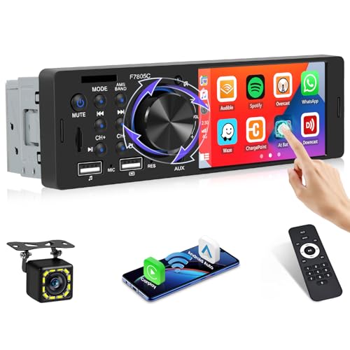 Hikity 1 DIN Autoradio con 4 Inch IPS Touchscreen Wired Carplay Andriod Auto Radio con Pomo Bluetooth 5.1 Autoradio Mirror Link FM RDS EQ 2USB AUX TF Card Mic Cámara Trasera